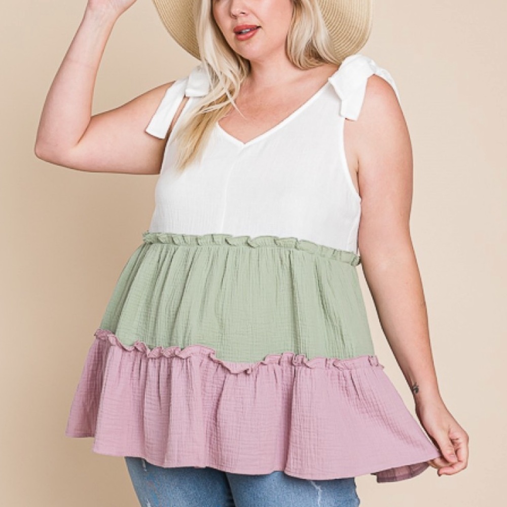 Pastel Ruffle Tiered Color Block Sage Lavender V Neck Babydoll Bow Strap Top